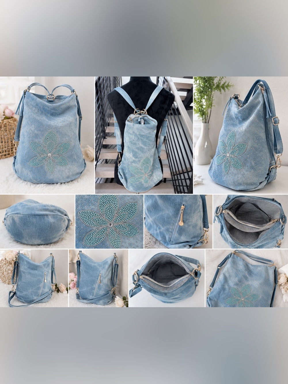 Casual Blue Floral Studded Hobo Bag by Manocchio - Picture 2 of 6